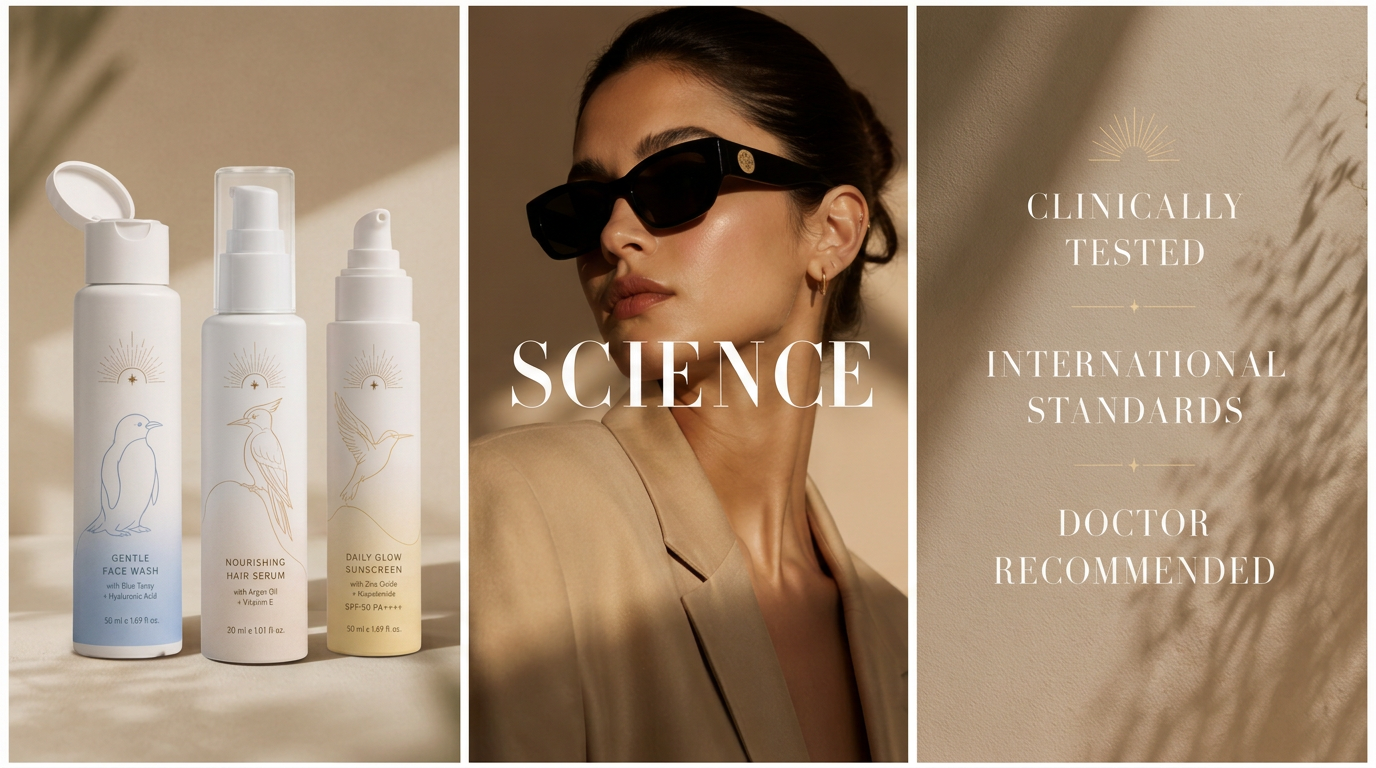Lumeora skin science: face wash, hair serum and sunscreen beside the campaign portrait